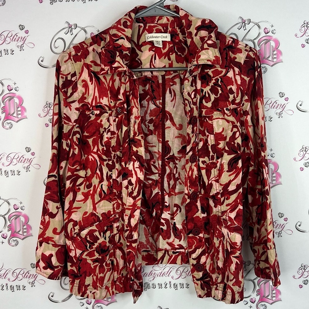 Coldwater Creek button up flowers floral long sleeve Red and Cream Floral Blouse